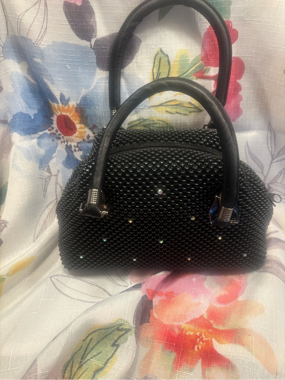 Black Beaded Top-Handle Evening Bag